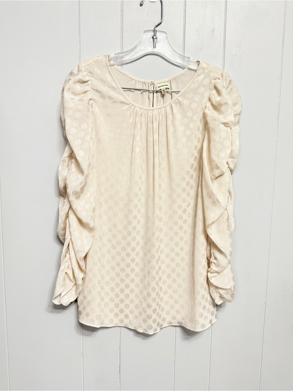 #7)  Max Studio Woven Heart Cream Dot Ruched Sleeve Blouse